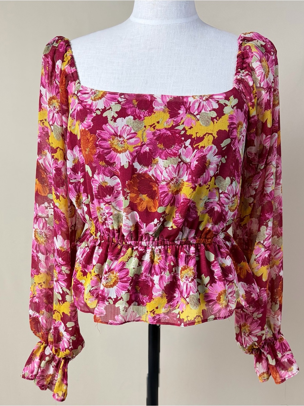 wayf floral long sleeve peplum blouse square neck medium